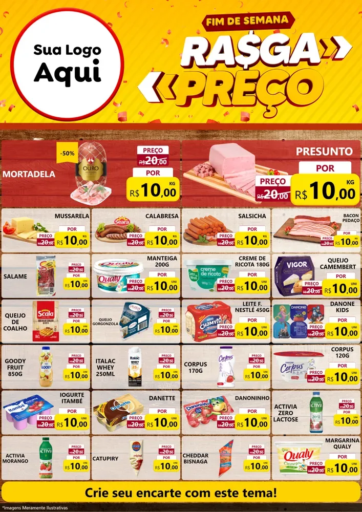 Modelo de Encarte para Encarte A4 Vertical com o tema Fim de Semana Rasga Preços para Frios e Laticínios