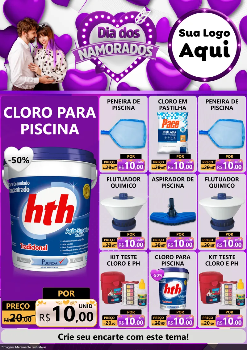 Modelo de Encarte para Encarte A4 Vertical com o tema Dia dos Namorados para Produtos para Piscina