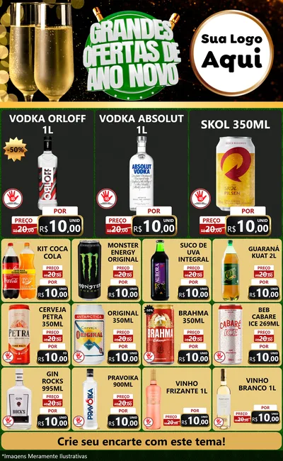 Modelo de Encarte para Encarte Grande com o tema Grandes Ofertas de Ano Novo para Distribuidora de bebidas