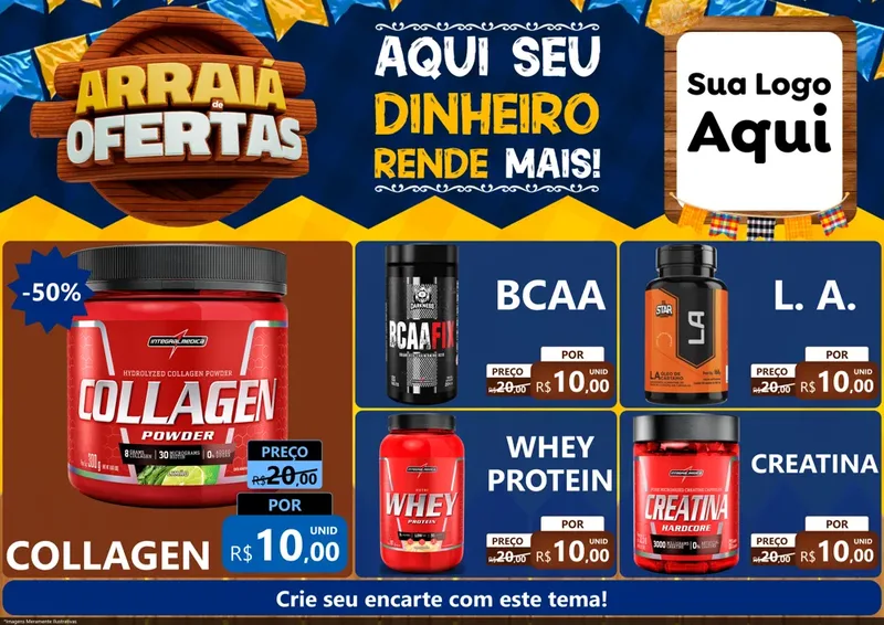 Modelo de Encarte para Encarte A4 Horizontal com o tema Arraiá de Ofertas - Junina para Suplementos alimentares
