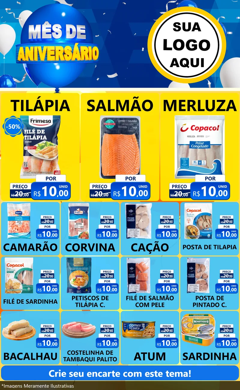 Modelo de Encarte para Encarte Grande com o tema Mês de Aniversário para Peixaria