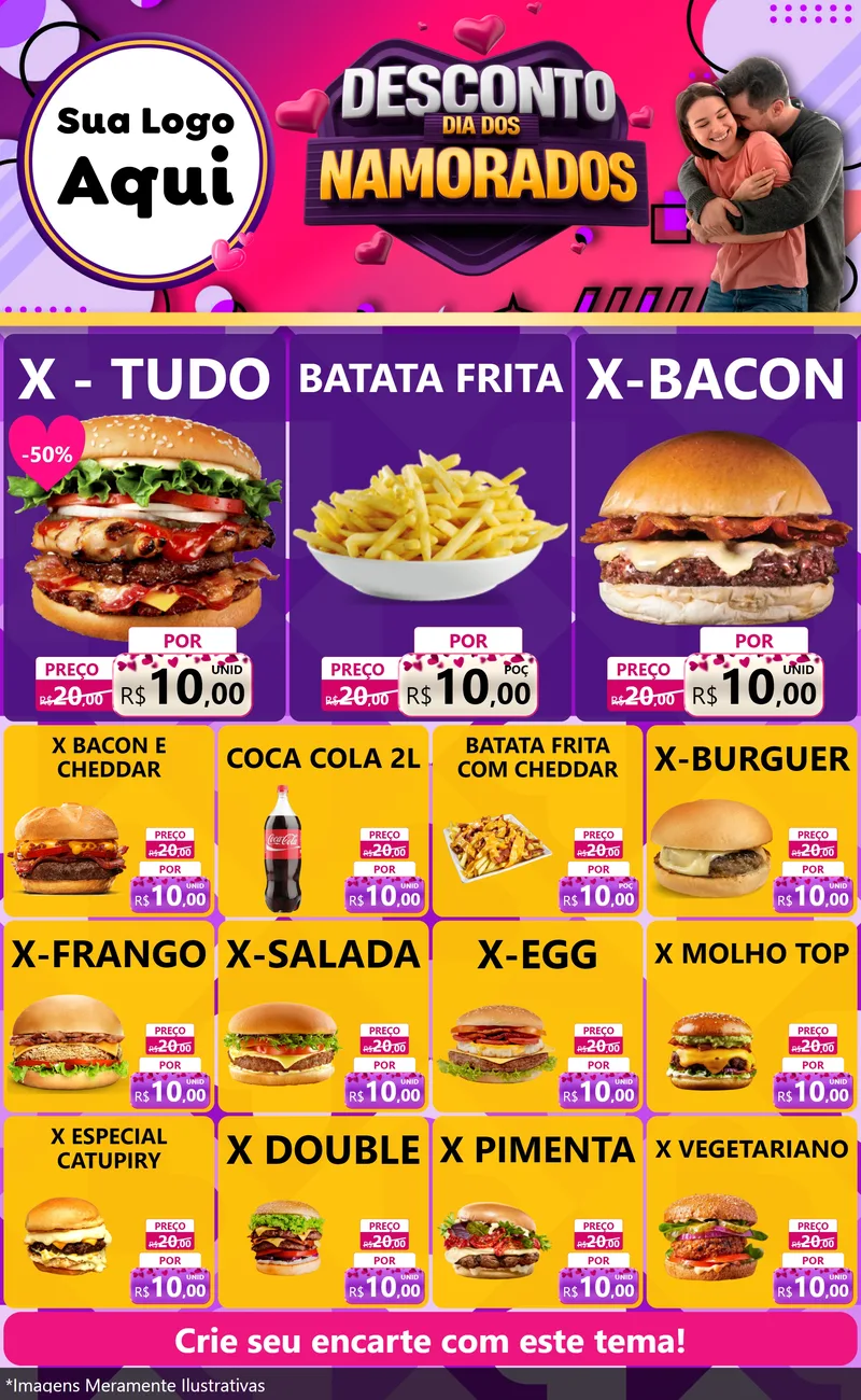 Modelo de Encarte para Encarte Grande com o tema Desconto Dia dos Namorados para Hamburgueria