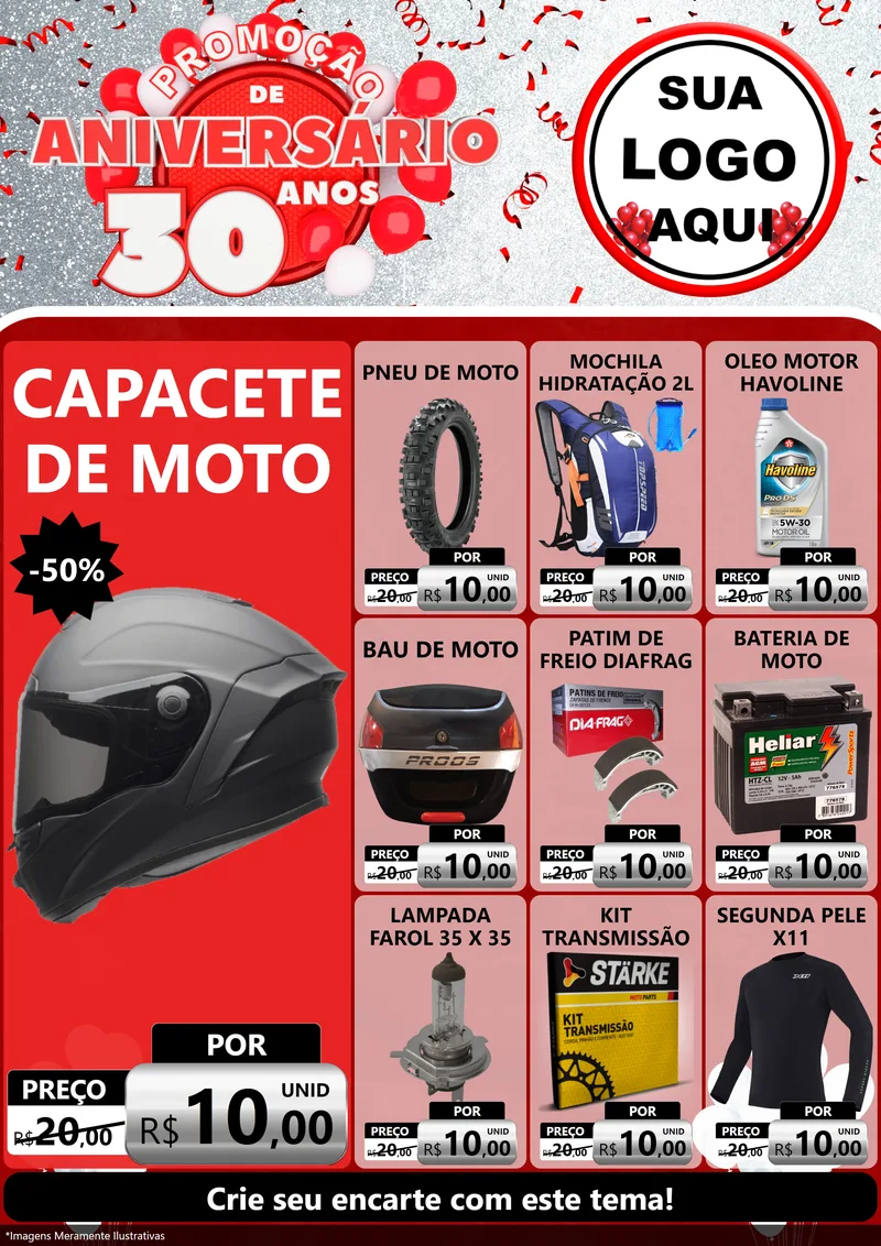 Modelo de Encarte para Encarte A4 Vertical com o tema Promoção de Aniversário - 30 Anos para Moto peças