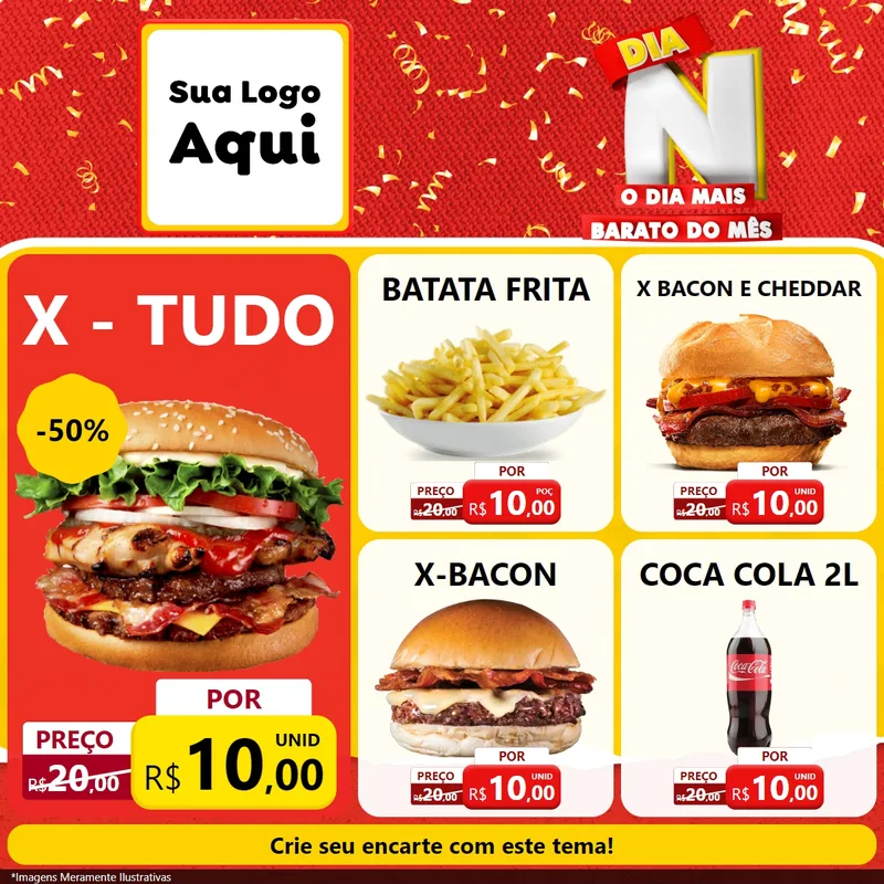 Modelo de Rede Social para Feed Facebook com o tema Dia N o Dia Mais Barato do Mês para Hamburgueria