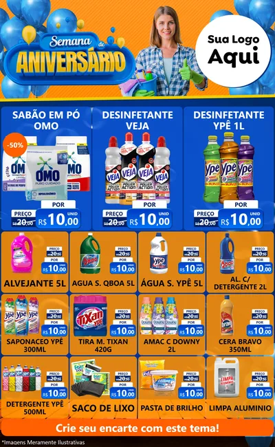 Modelo de Encarte para Encarte Grande com o tema Semana de Aniversário para Produtos de Limpeza
