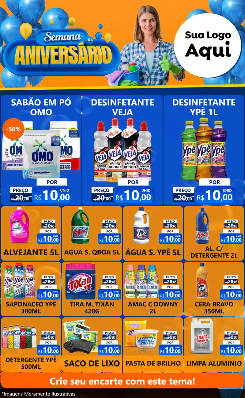 Modelo de Encarte para Encarte Grande com o tema Semana de Aniversário para Produtos de Limpeza