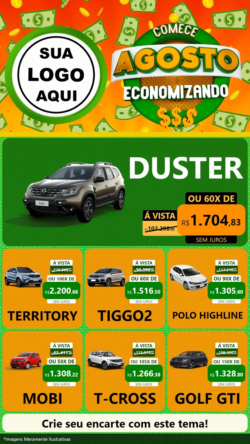 Modelo de Rede Social para Stories com o tema Comece Agosto Economizando para Concessionaria de Carros