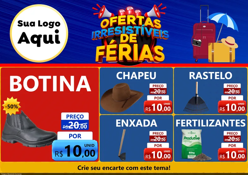 Modelo de Encarte para Encarte A4 Horizontal com o tema Ofertas Irresistíveis de Férias para Agropecuária