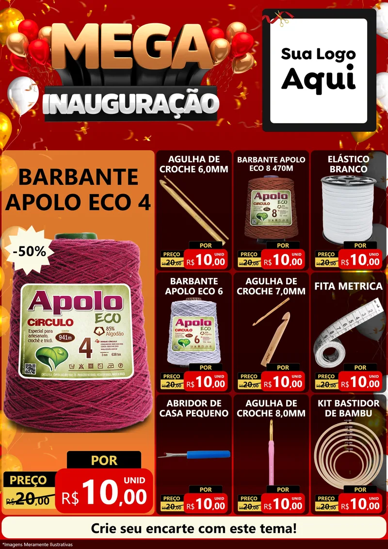Modelo de Encarte para Encarte A4 Vertical com o tema Mega Inauguração para Armarinho e Aviamentos