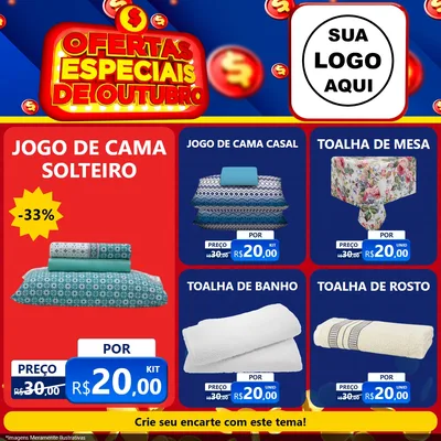 Modelo de Rede Social para Feed Facebook com o tema Ofertas Especiais de Outubro para Cama, Mesa e Banho