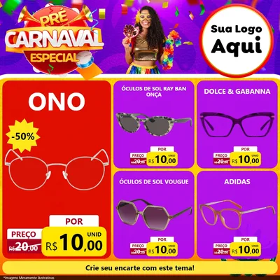 Modelo de Rede Social para Feed Facebook com o tema Pré-Carnaval Especial para Óticas