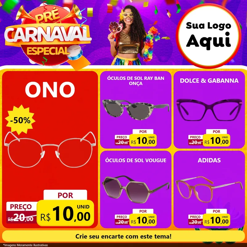 Modelo de Rede Social para Feed Facebook com o tema Pré-Carnaval Especial para Óticas