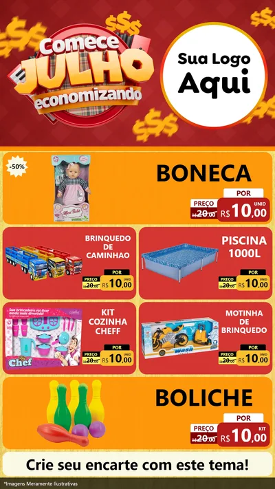 Modelo de TV para TV Vertical com o tema Comece Julho Economizando para Brinquedos