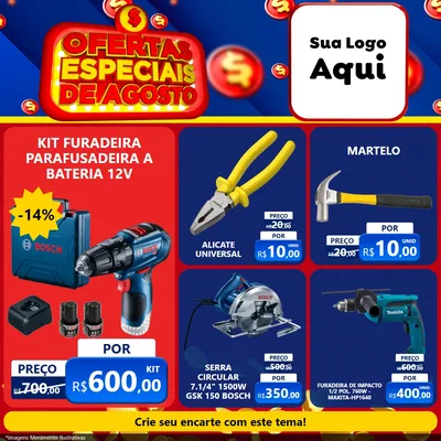 Modelo de Rede Social para Feed Facebook com o tema Ofertas Especiais de Agosto para Maquinas e Ferramentas