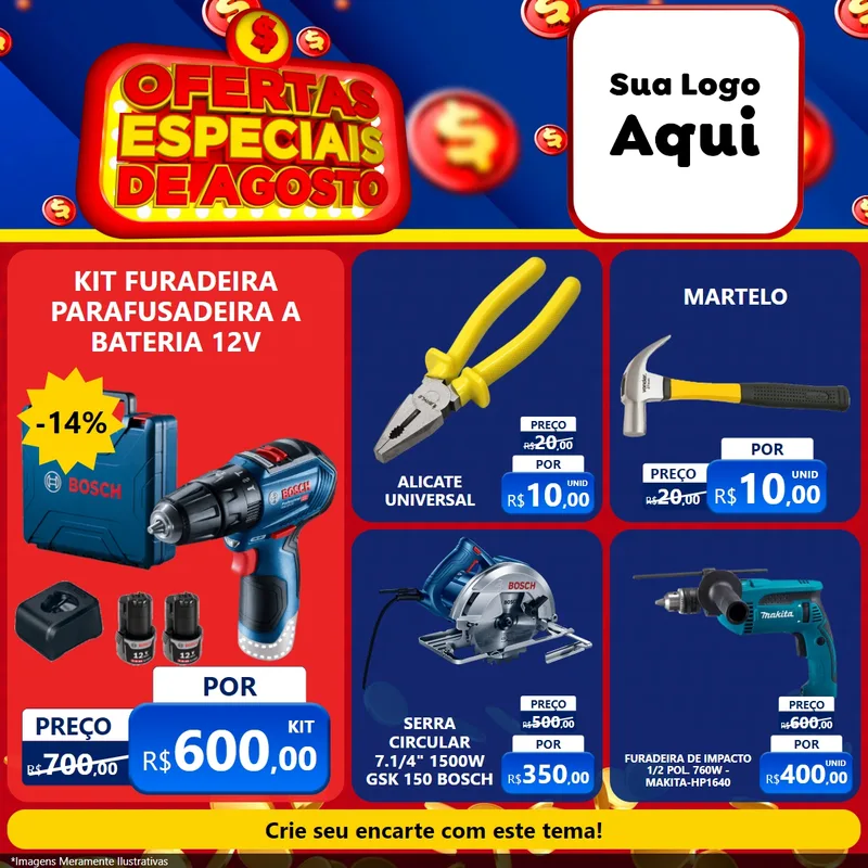 Modelo de Rede Social para Feed Facebook com o tema Ofertas Especiais de Agosto para Maquinas e Ferramentas