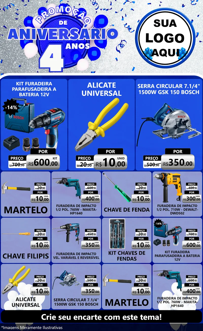 Modelo de Encarte para Encarte Grande com o tema Promoção de Aniversário - 4 Anos para Maquinas e Ferramentas