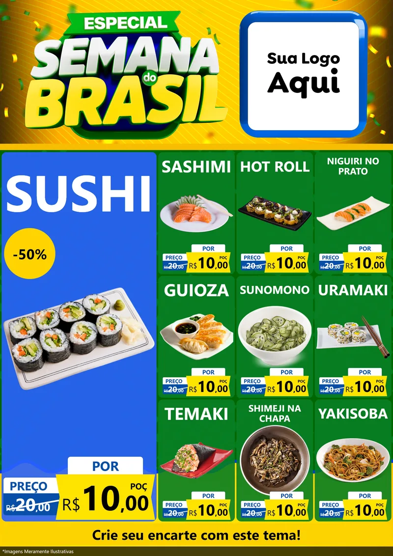 Modelo de Encarte para Encarte A4 Vertical com o tema Especial Semana do Brasil para Comida japonesa