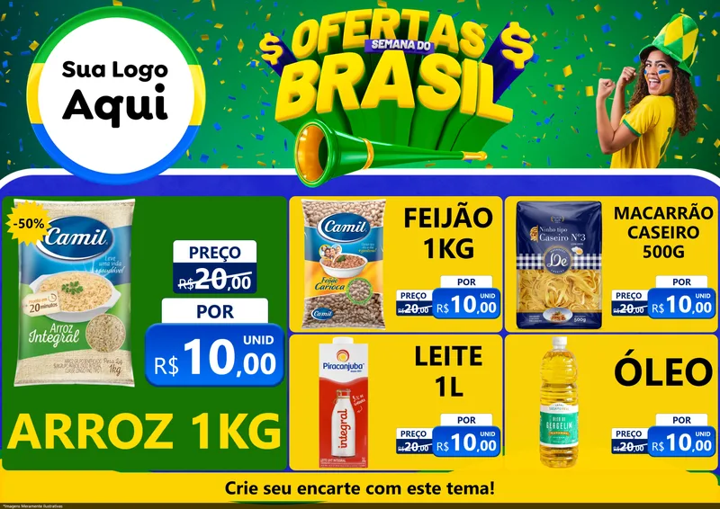 Modelo de Encarte para Encarte A4 Horizontal com o tema Ofertas Semana do Brasil para Supermercado