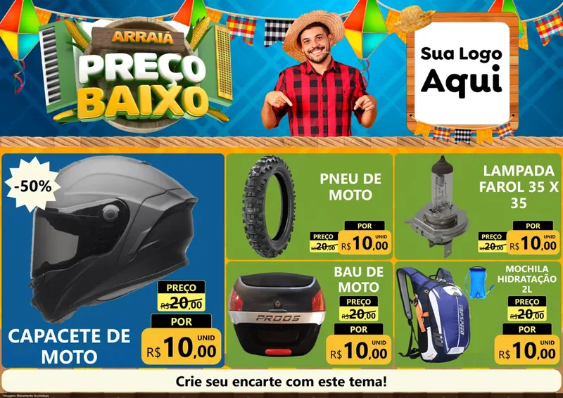 Modelo de Encarte para Encarte A4 Horizontal com o tema Arraiá de Preço Baixo - Junina para Moto peças