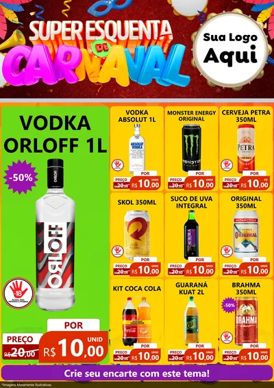 Modelo de Encarte para Encarte A4 Vertical com o tema Super Esquenta de Carnaval para Distribuidora de bebidas