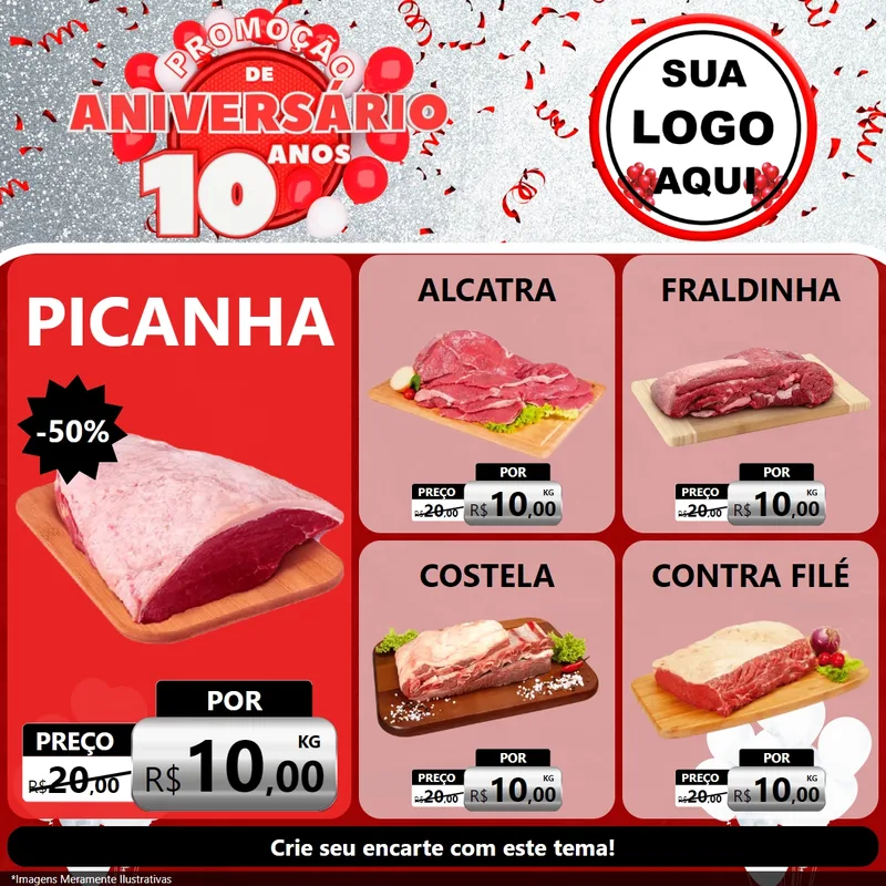 Modelo de Rede Social para Feed Facebook com o tema Promoção de Aniversário - 10 Anos para Açougue