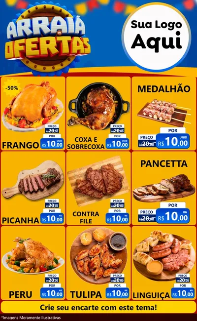 Modelo de Encarte para Encarte Grande com o tema Arraiá de Ofertas - Junina para Assados