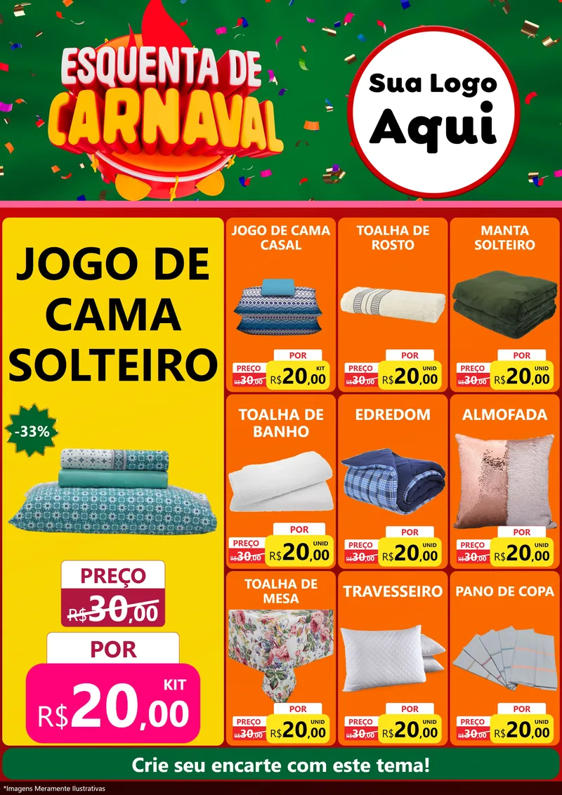 Modelo de Encarte para Encarte A4 Vertical com o tema Esquenta de Carnaval para Cama, Mesa e Banho