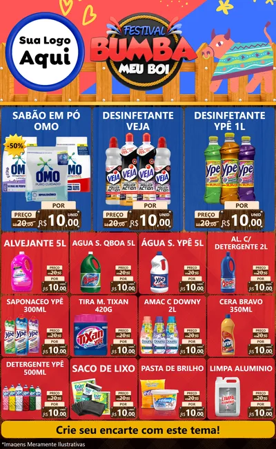Modelo de Encarte para Encarte Grande com o tema Festival Bumba Meu Boi para Produtos de Limpeza