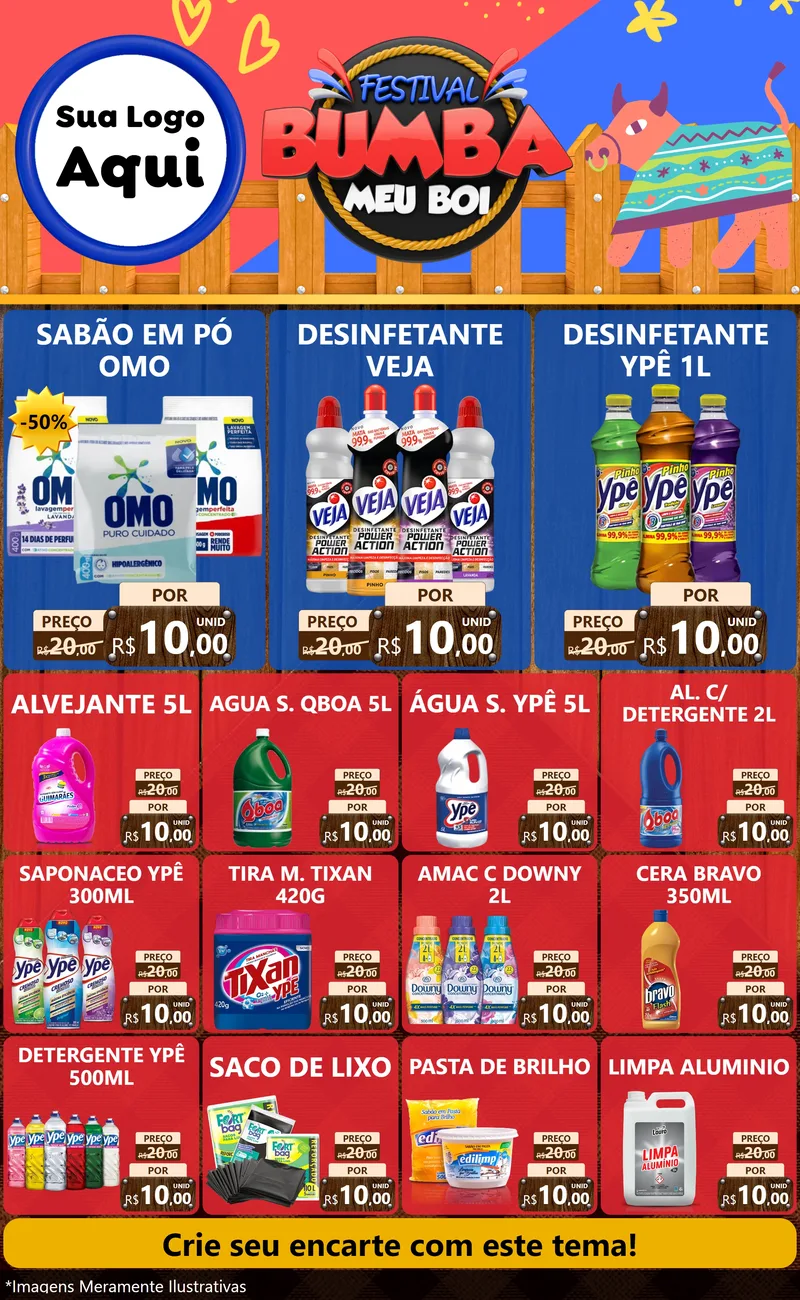 Modelo de Encarte para Encarte Grande com o tema Festival Bumba Meu Boi para Produtos de Limpeza