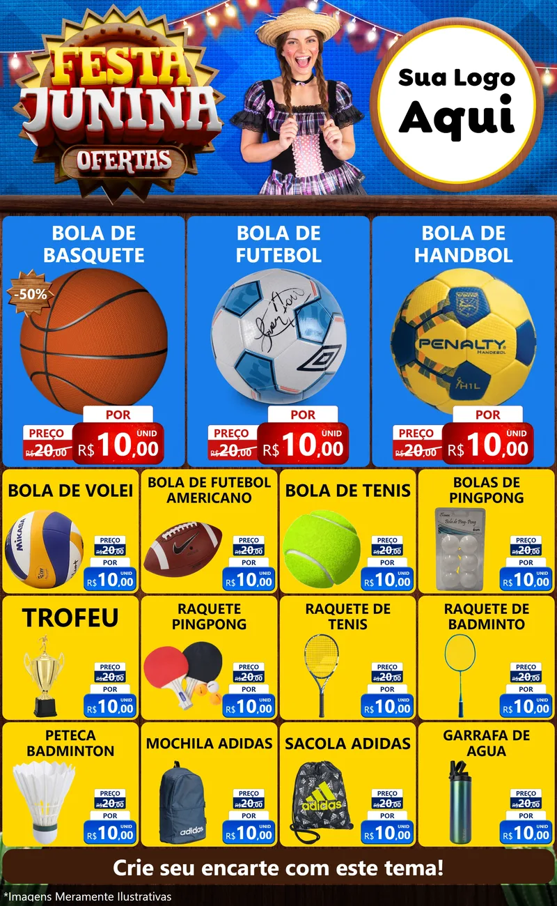 Modelo de Encarte para Encarte Grande com o tema Festa Junina Ofertas para Artigos Esportivos