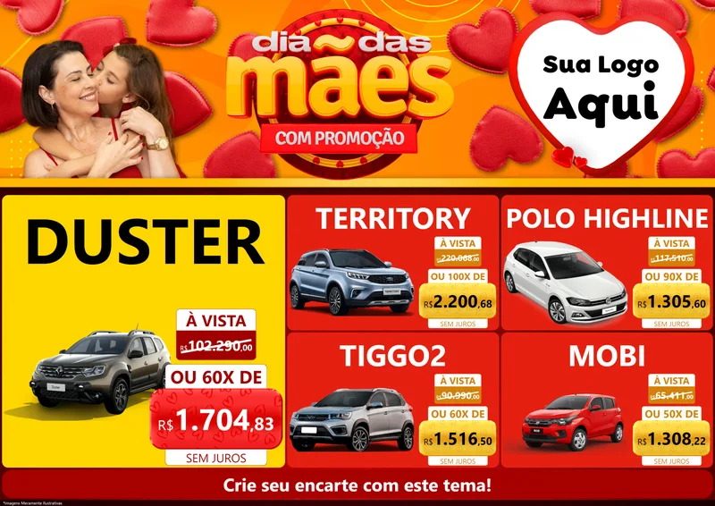 Modelo de Encarte para Encarte A4 Horizontal com o tema Dia das Mães com Promoção para Concessionaria de Carros