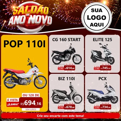 Modelo de Rede Social para Feed Facebook com o tema Saldão de Ano Novo para Concessionaria de Motos
