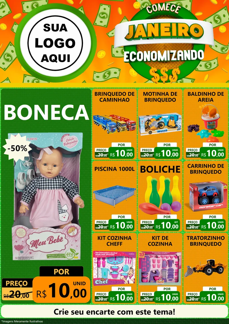 Modelo de Encarte para Encarte A4 Vertical com o tema Comece Janeiro Economizando para Brinquedos
