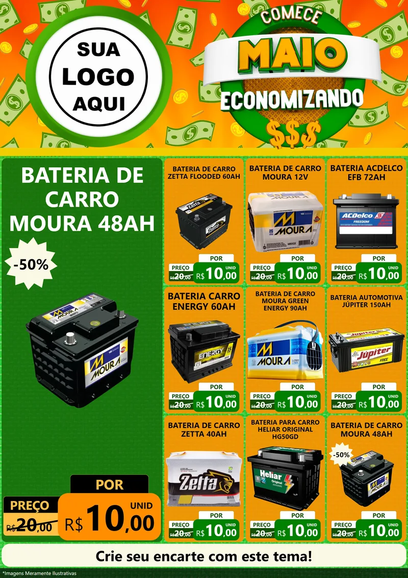 Modelo de Encarte para Encarte A4 Vertical com o tema Comece Maio Economizando para Baterias Elétricas