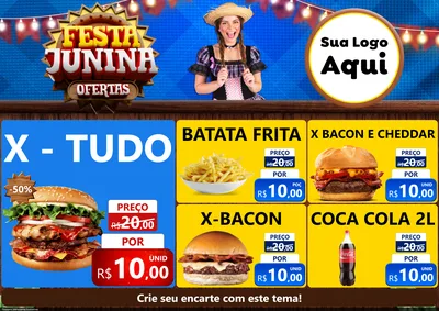 Modelo de Encarte para Encarte A4 Horizontal com o tema Festa Junina Ofertas para Hamburgueria