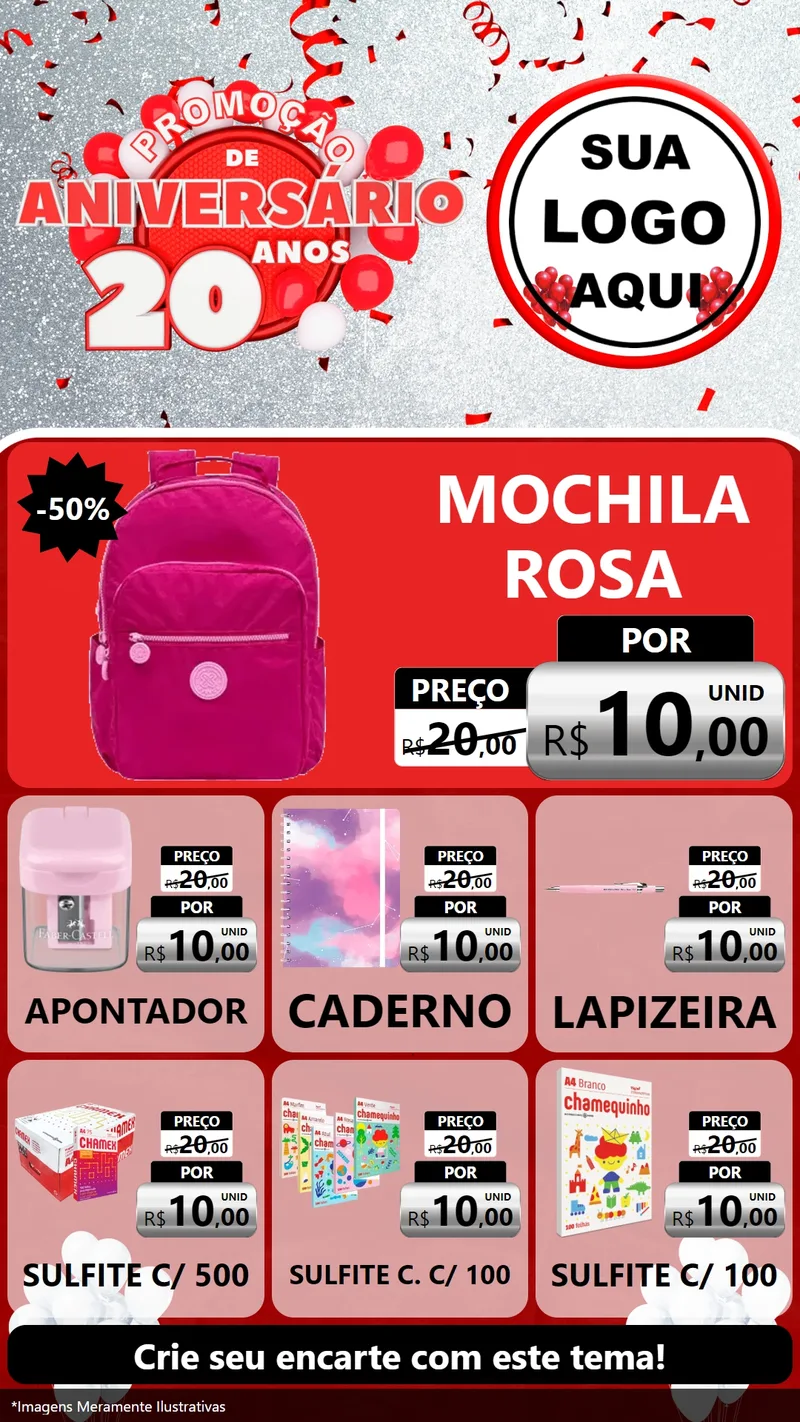 Modelo de Rede Social para Stories com o tema Promoção de Aniversário - 20 Anos para Papelaria