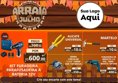 Modelo de Encarte para Encarte A4 Horizontal com o tema Arraiá de Julho - Junina para Maquinas e Ferramentas