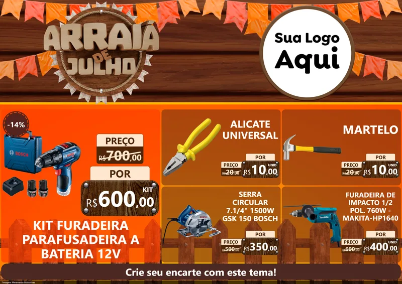 Modelo de Encarte para Encarte A4 Horizontal com o tema Arraiá de Julho - Junina para Maquinas e Ferramentas