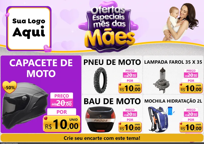 Modelo de Encarte para Encarte A4 Horizontal com o tema Ofertas Especiais - Mês das Mães para Moto peças