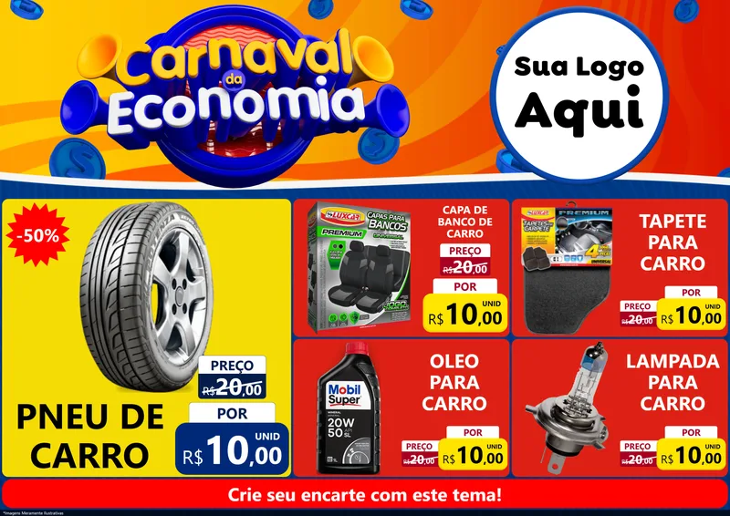 Modelo de Encarte para Encarte A4 Horizontal com o tema Carnaval da Economia para Auto peças