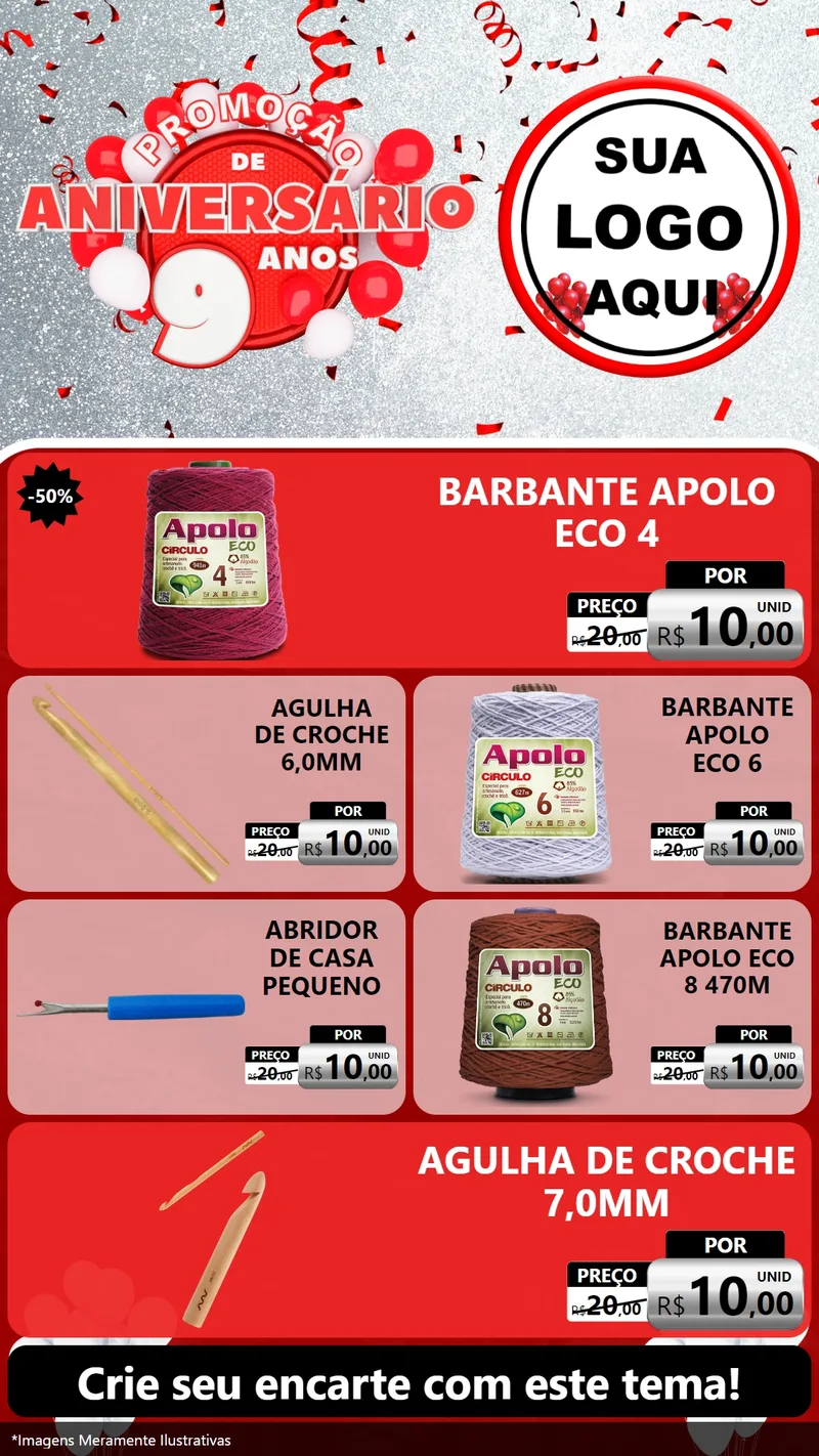 Modelo de TV para TV Vertical com o tema Promoção de Aniversário - 9 Anos para Armarinho e Aviamentos