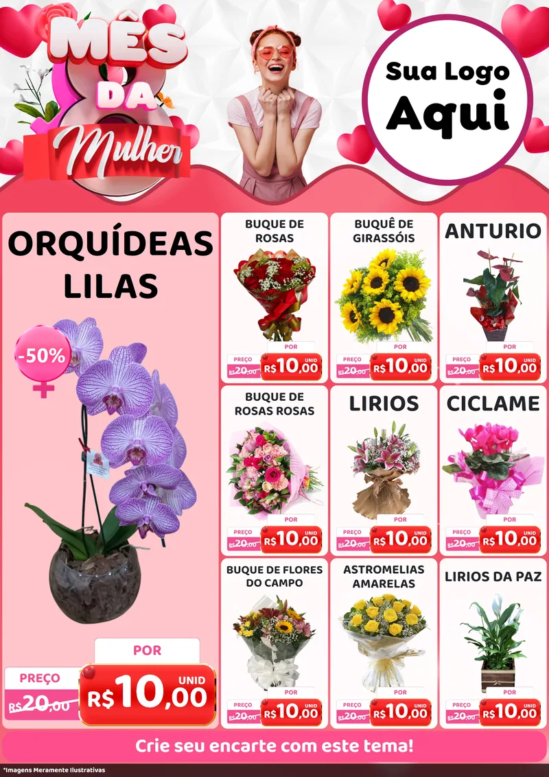 Modelo de Encarte para Encarte A4 Vertical com o tema Mês da Mulher para Floricultura e jardim