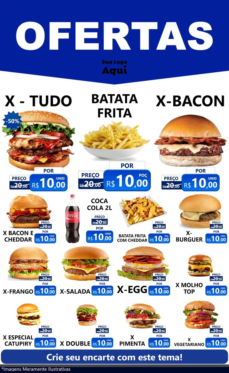 Modelo de Encarte para Encarte Grande com o tema Ofertas Azul Cartaz para Hamburgueria