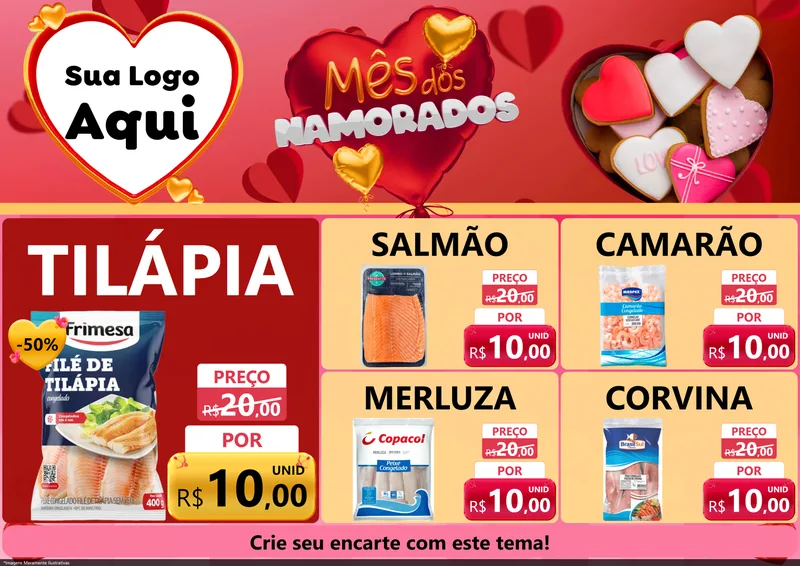 Modelo de Encarte para Encarte A4 Horizontal com o tema Mês dos Namorados para Peixaria