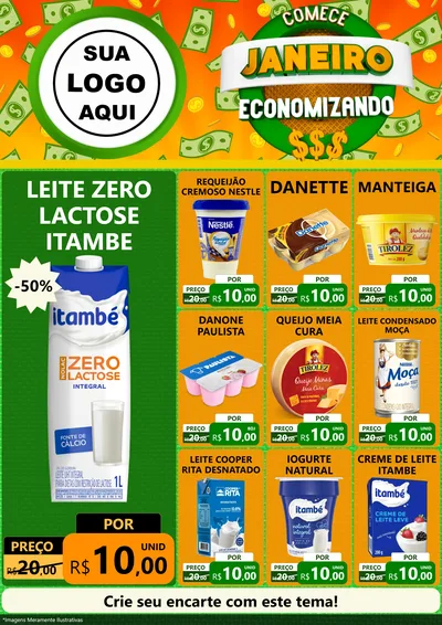 Modelo de Encarte para Encarte A4 Vertical com o tema Comece Janeiro Economizando para Frios e Laticínios