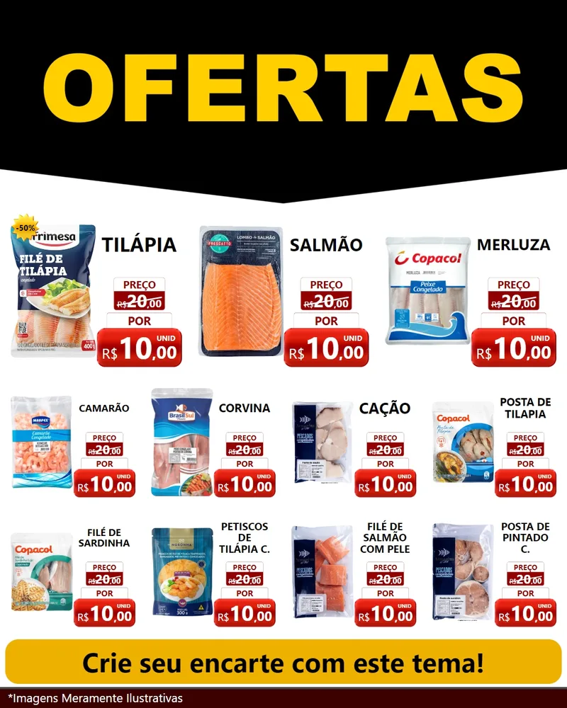 Modelo de Rede Social para Feed Instagram com o tema Ofertas Preto e Vermelho Cartaz para Peixaria