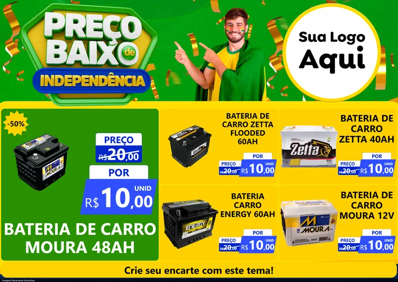 Modelo de Encarte para Encarte A4 Horizontal com o tema Preço Baixo de Independência para Baterias Elétricas
