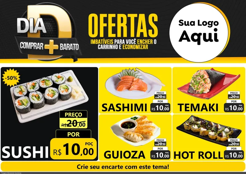 Modelo de Encarte para Encarte A4 Horizontal com o tema Dia D Mais Economia para Comida japonesa