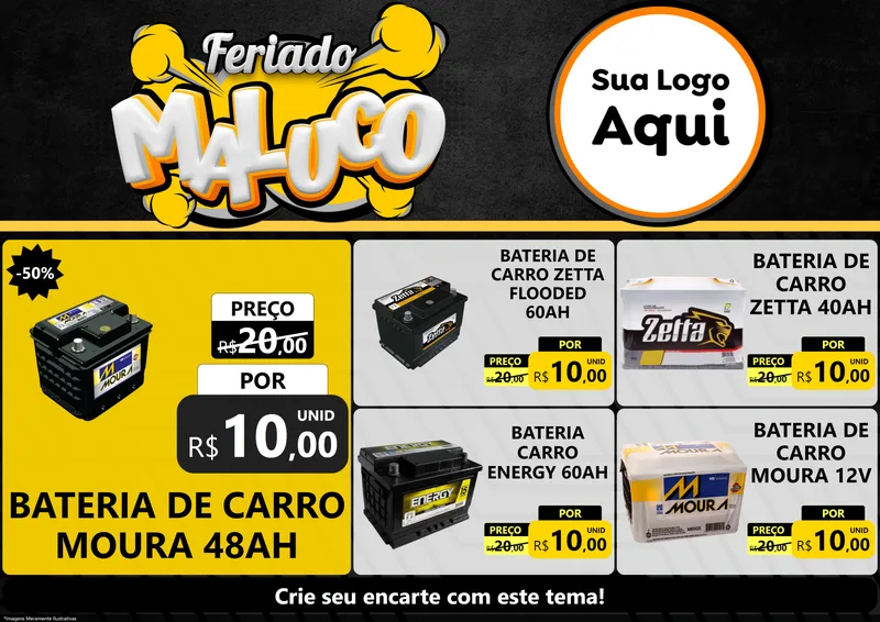Modelo de Encarte para Encarte A4 Horizontal com o tema Feriado Maluco para Baterias Elétricas