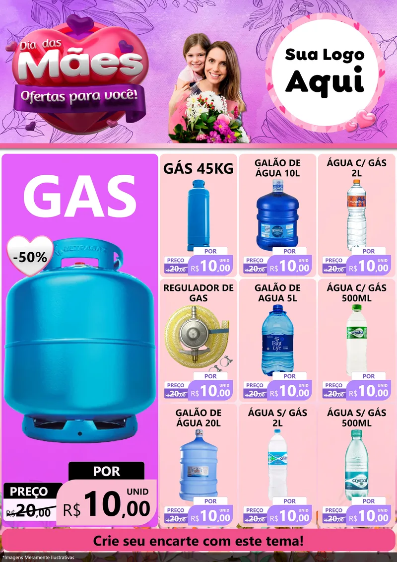 Modelo de Encarte para Encarte A4 Vertical com o tema Dia das Mães Ofertas para Você! para Água e gás